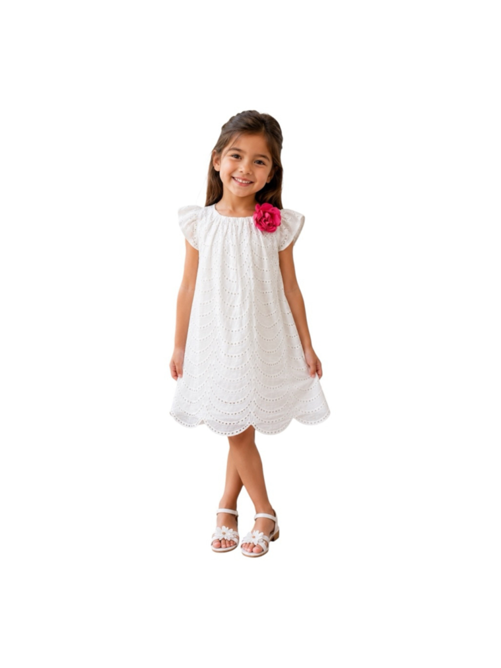 Janie and Jack White Eyelet Dress Pink Flower Accent Size 4